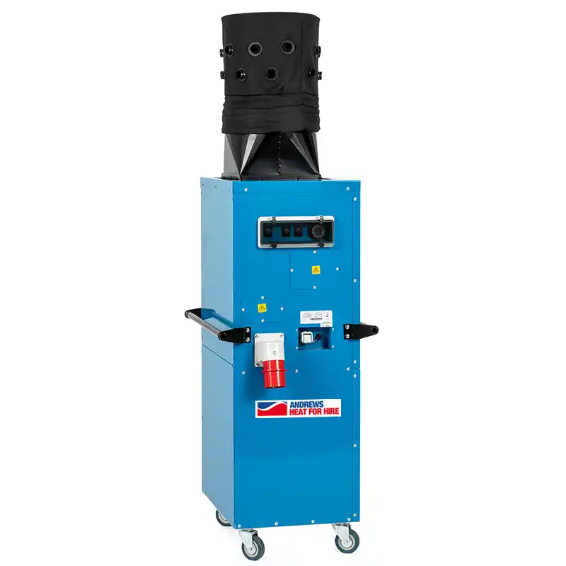 Front view of the Andrews Heat for Hire DE95 360 industrial portable electric heater with 360° fabric air diffuser attached.
