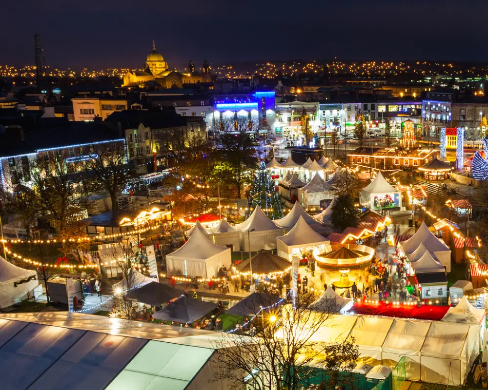 Winter Event Market Marquees Festive outdoor market with illuminated marquees at night